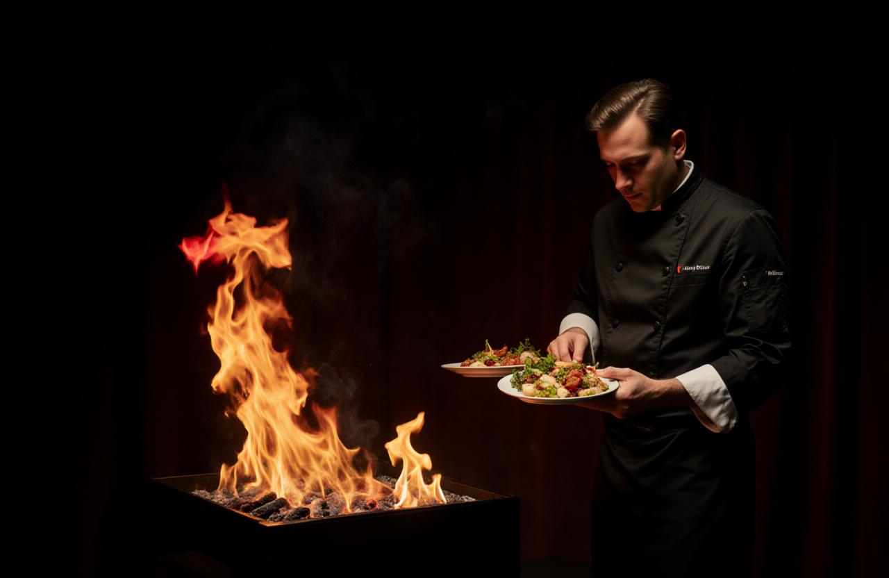 Dramatische Catering-Präsentation mit Flammen